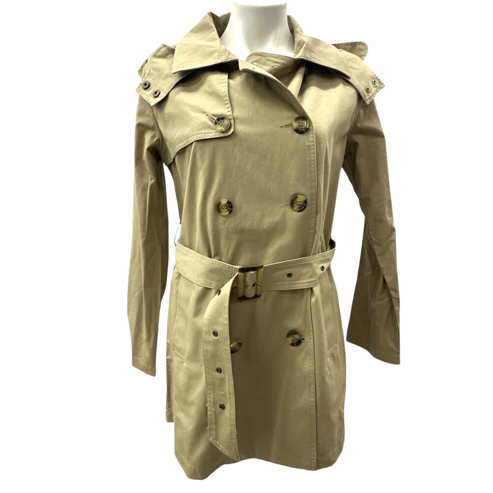 Zenana Outfitters Hooded Trench Coat Women S Khaki Belted Double Breasted Cotton